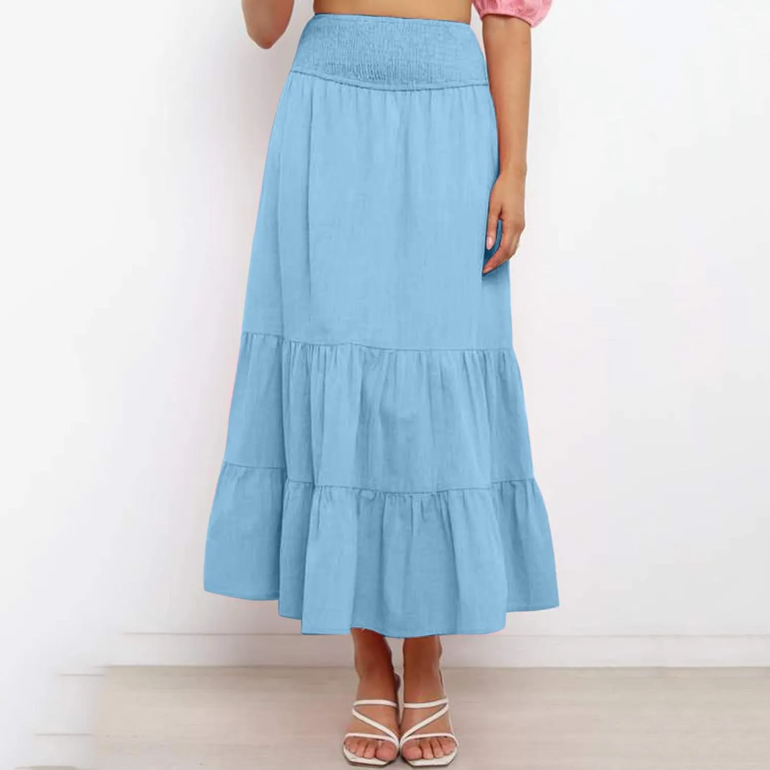 Womens Skirts Pleated A-Line Swing Skirt Vintage Irregular Midi Skirts Ruffle Layered High Waist Hip Long Skirt