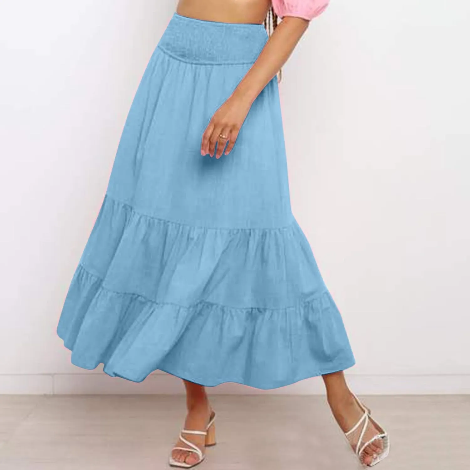Womens Skirts Pleated A-Line Swing Skirt Vintage Irregular Midi Skirts Ruffle Layered High Waist Hip Long Skirt