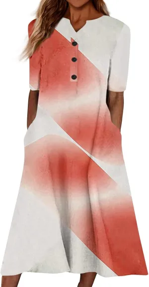 Women's Summer Casual Floral (Gradient) Printed Short Sleeve Dress Fashion
