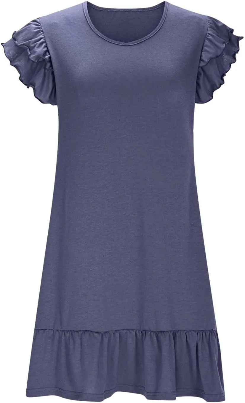 Womens Summer Dress Casual Loose Fit Ruffle Tiered V Neck Sundresses Beach Solid Color Mini Flowy A-Line Dress