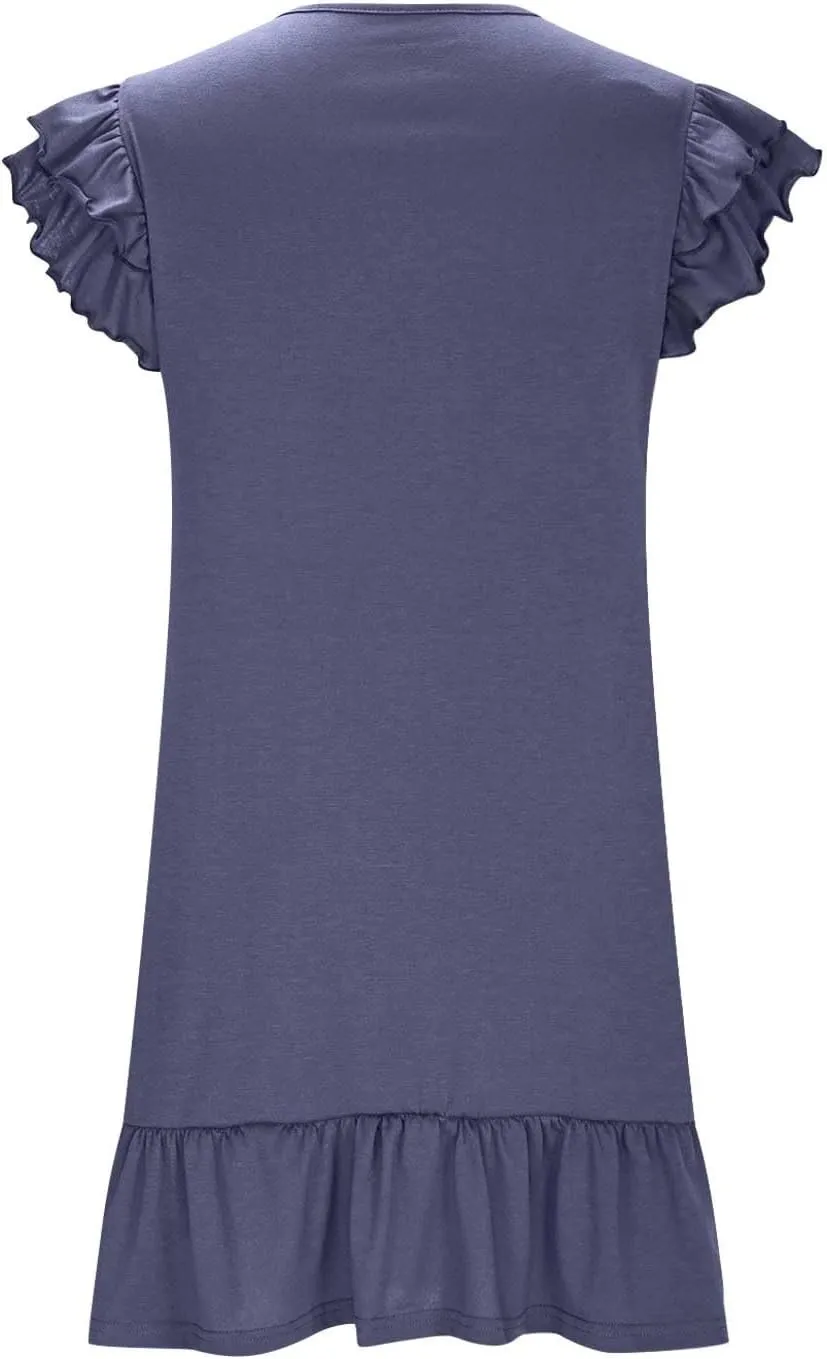Womens Summer Dress Casual Loose Fit Ruffle Tiered V Neck Sundresses Beach Solid Color Mini Flowy A-Line Dress