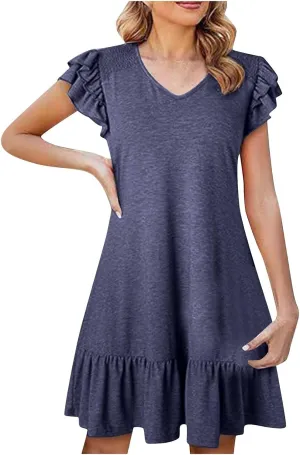 Womens Summer Dress Casual Loose Fit Ruffle Tiered V Neck Sundresses Beach Solid Color Mini Flowy A-Line Dress