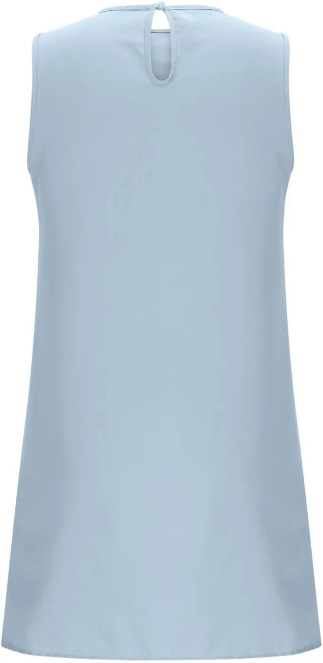 Womens Summer Dresses 2025 Casual Sleeveless Solid Color Dress Vacation Loose Round Neck Pleated Beach Sundress