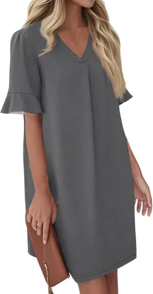 Womens Summer Dresses 2025 Loose Scoop Neck Ruffle Short Sleeve Sundresses Dress with Pockets