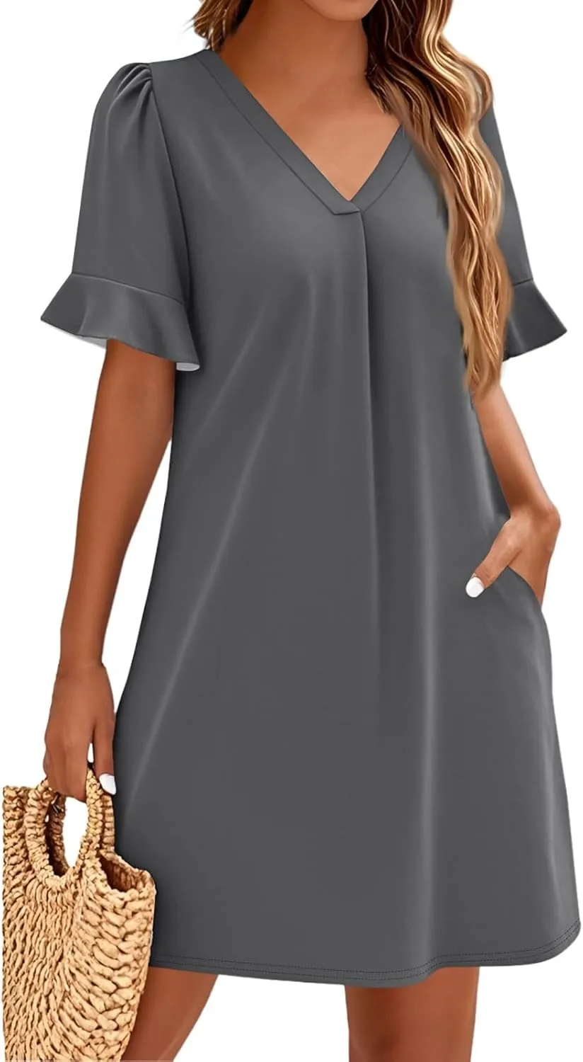Womens Summer Dresses 2025 Loose Scoop Neck Ruffle Short Sleeve Sundresses Dress with Pockets