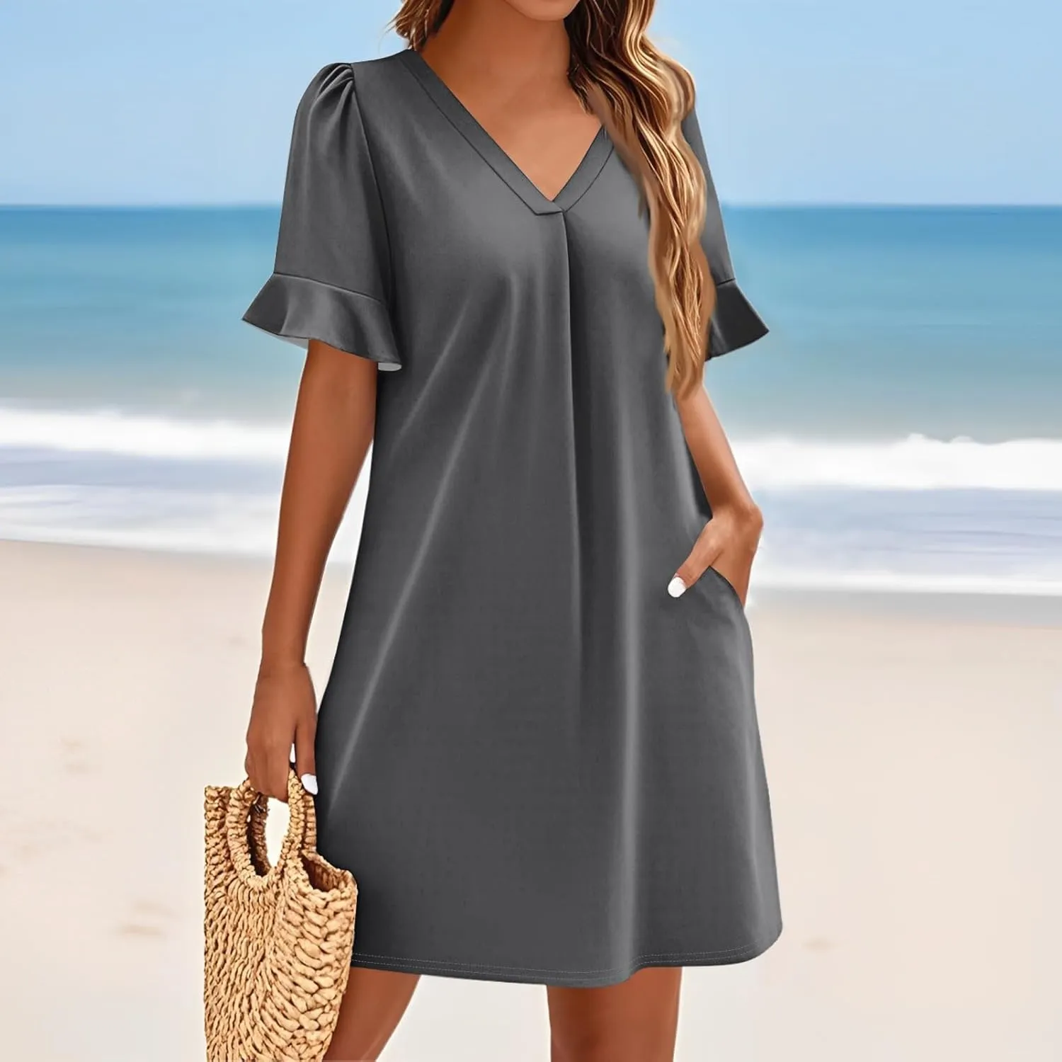 Womens Summer Dresses 2025 Loose Scoop Neck Ruffle Short Sleeve Sundresses Dress with Pockets