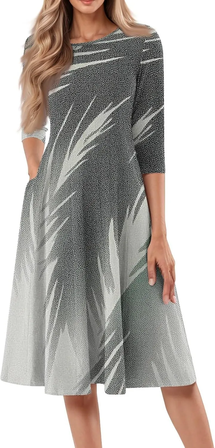 Womens Summer Dresses Beach Round Neck 3/4 Sleeve Midi Dresses A Line Dress Spring Floral Flowy Dress with Pocket