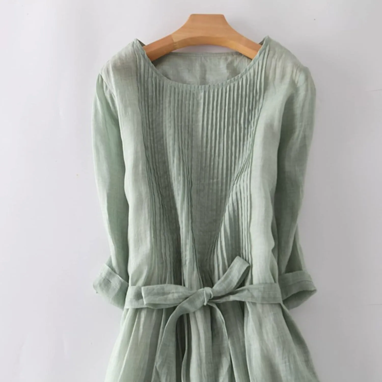 Women's Summer Long Dress Frill Front Cotton Linen Gauze Dresses 3/4 Sleeve Round Neck Flowy Midi Dress with Belt
