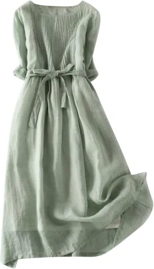 Women's Summer Long Dress Frill Front Cotton Linen Gauze Dresses 3/4 Sleeve Round Neck Flowy Midi Dress with Belt