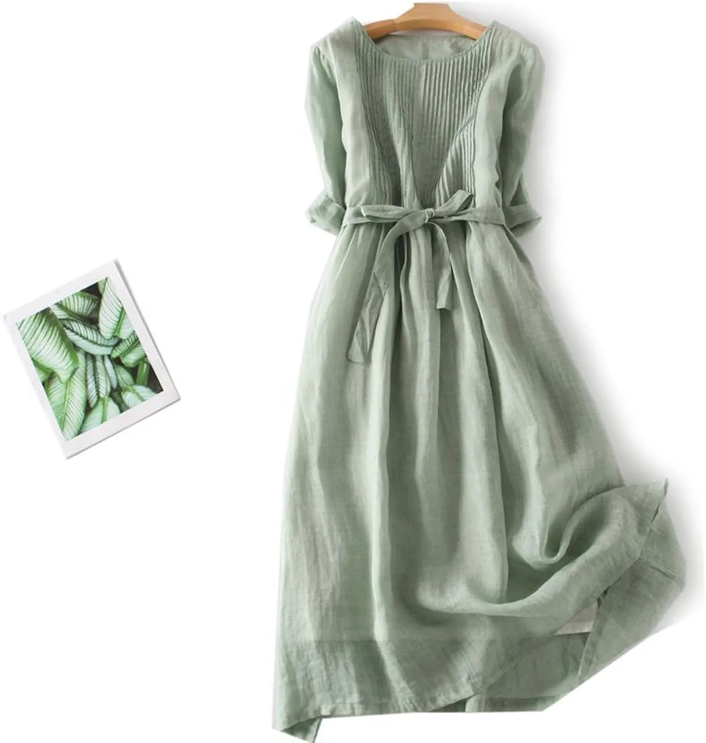 Women's Summer Long Dress Frill Front Cotton Linen Gauze Dresses 3/4 Sleeve Round Neck Flowy Midi Dress with Belt
