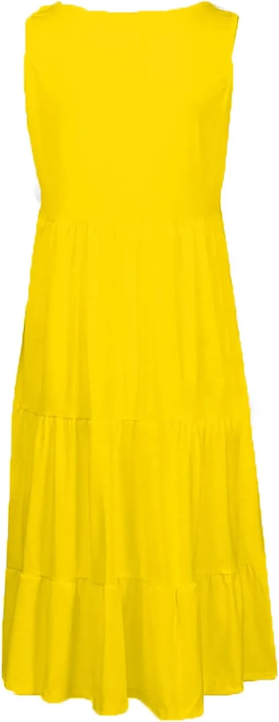 Women's Summer Sun Dresses Tiered Ruffle Sundress Scoop Neck Sleeveless Tank Dress Sexy Casual Flowy Beach