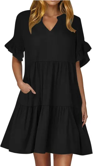 Women's Summer V Neck Shirt Dress Casual Flutter Bell Short Sleeve A-Line Swing Tiered Ruffle Mini Dresses with Pockets