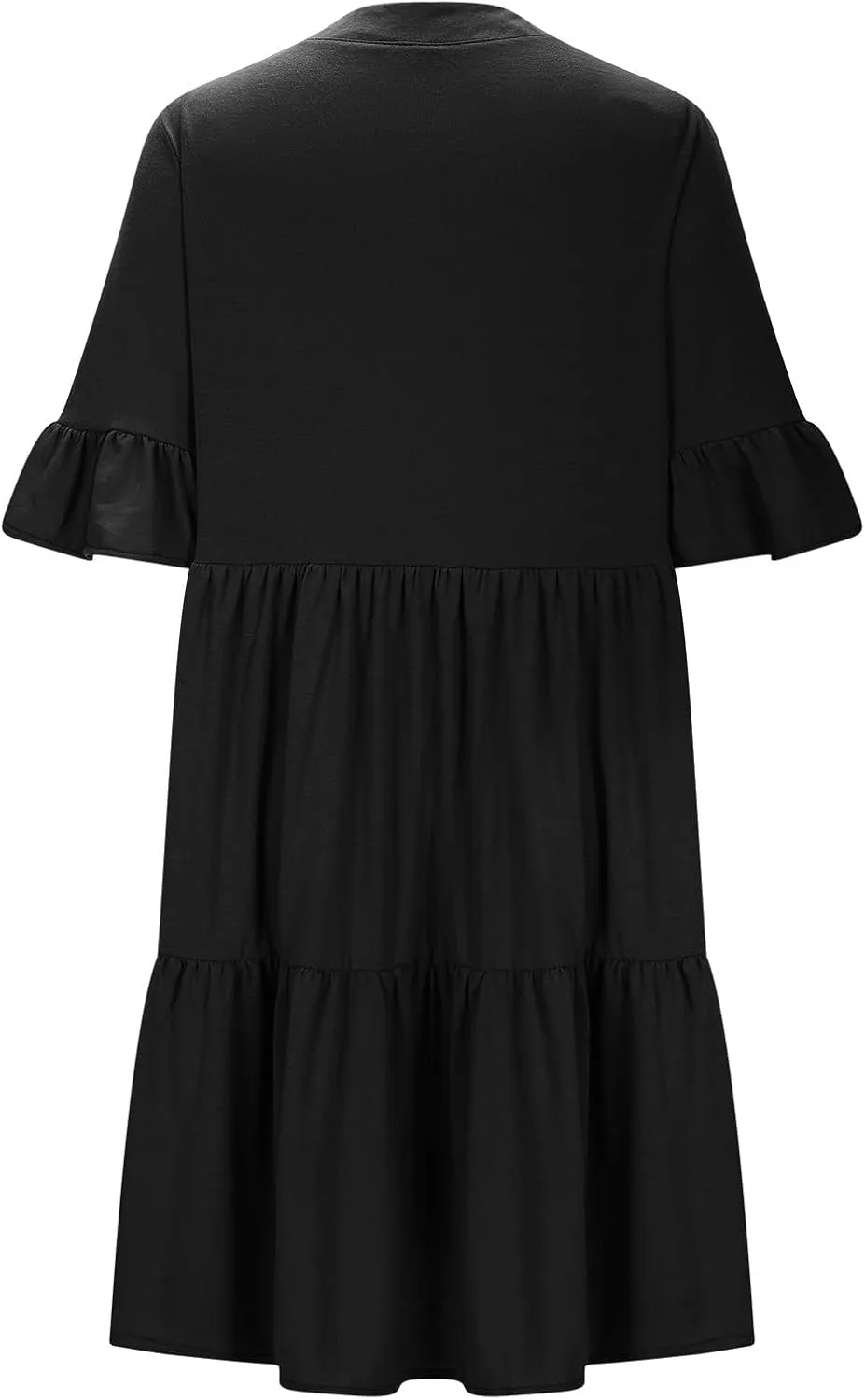 Women's Summer V Neck Shirt Dress Casual Flutter Bell Short Sleeve A-Line Swing Tiered Ruffle Mini Dresses with Pockets