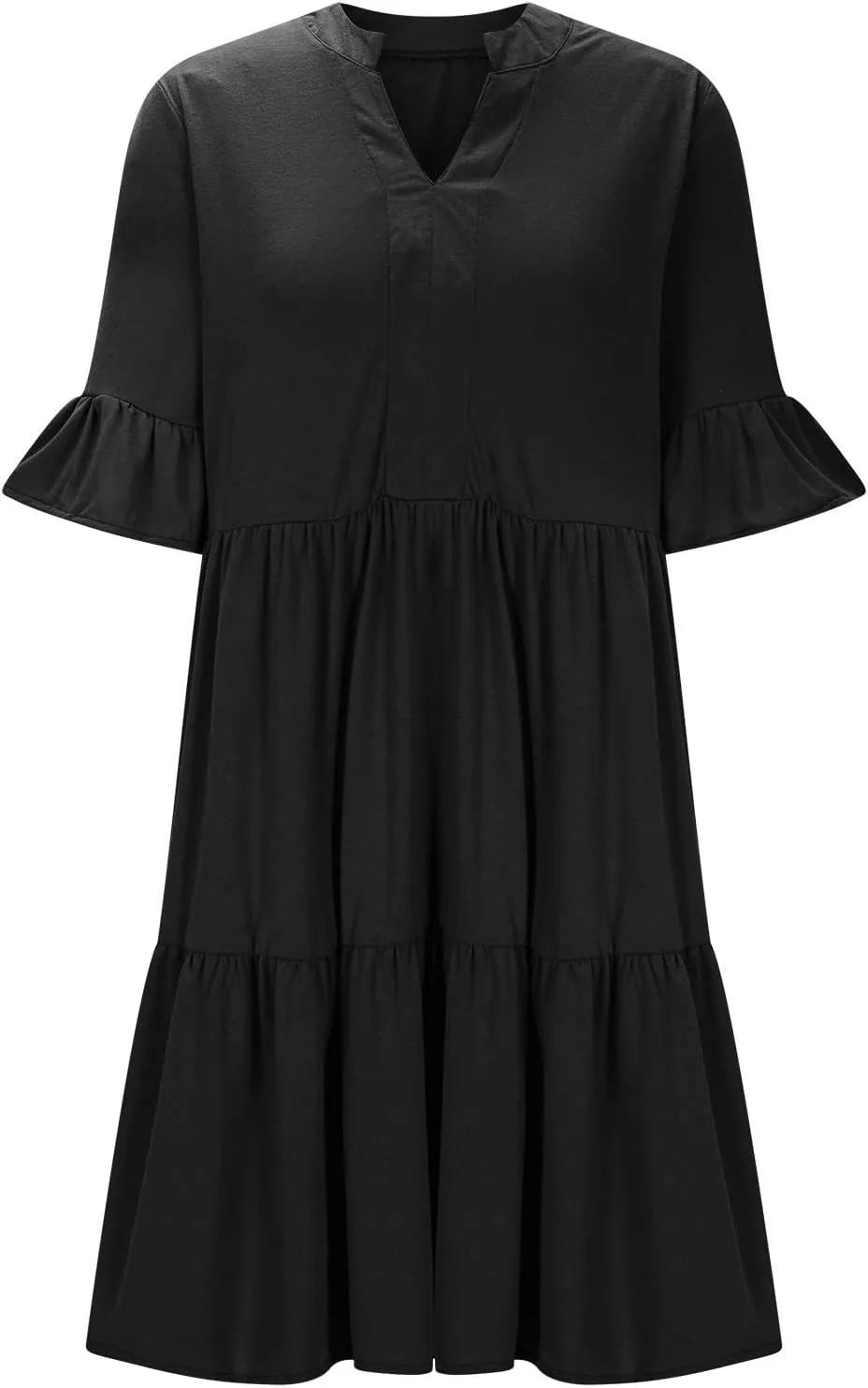 Women's Summer V Neck Shirt Dress Casual Flutter Bell Short Sleeve A-Line Swing Tiered Ruffle Mini Dresses with Pockets