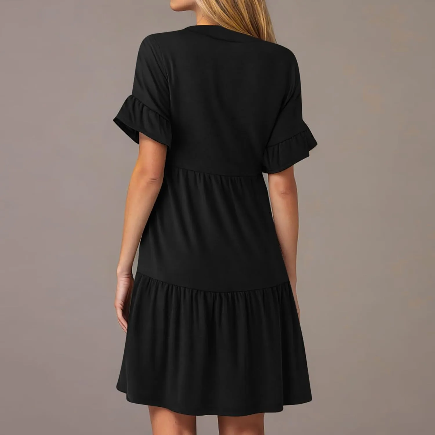 Women's Summer V Neck Shirt Dress Casual Flutter Bell Short Sleeve A-Line Swing Tiered Ruffle Mini Dresses with Pockets