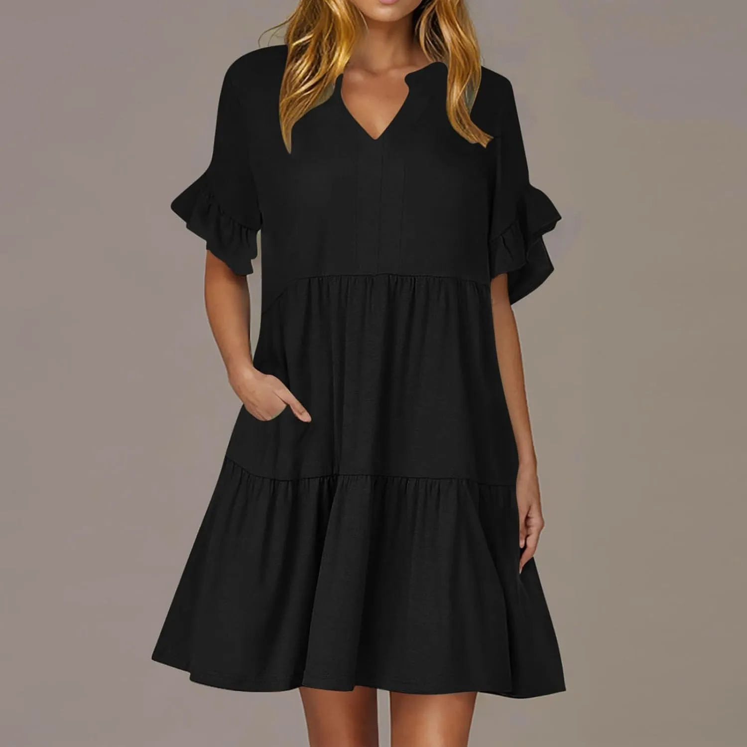 Women's Summer V Neck Shirt Dress Casual Flutter Bell Short Sleeve A-Line Swing Tiered Ruffle Mini Dresses with Pockets