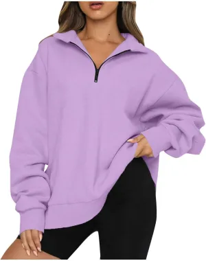 Womens Tops Long Sleeve Half Zip Sweatshirts Solid Color Lapel Pullover Casual Fashion Blouse Trendy Loose Fit Tops
