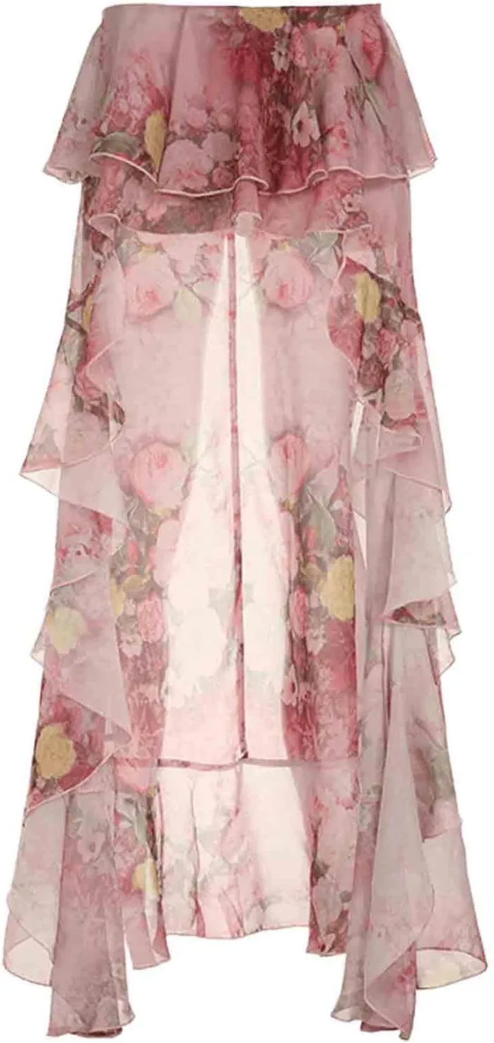 Women's Vacation Long Skirt with Floral Print, Double Layered Irregular Floor Mopping Ruffle Edge Skirt