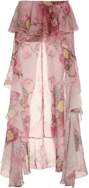Women's Vacation Long Skirt with Floral Print, Double Layered Irregular Floor Mopping Ruffle Edge Skirt