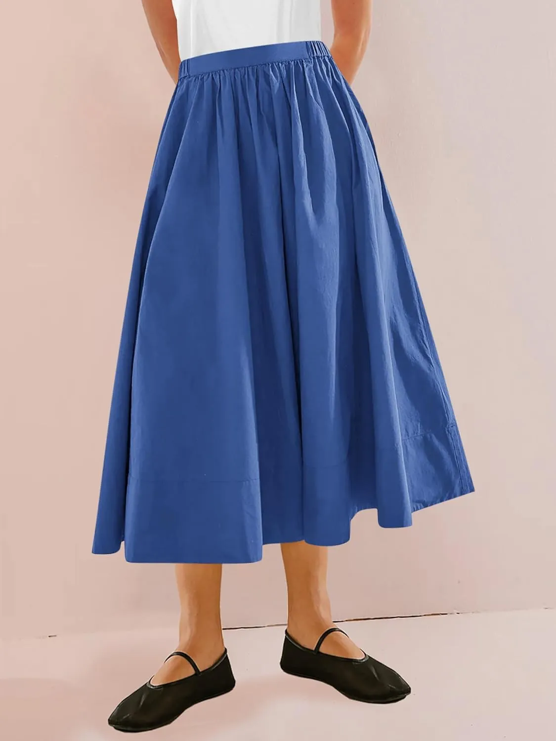 Yousify Womens A-Line Midi Skirts Casual Elastic High Waist Flowy Swing Pleated Beach Boho Long Skirt with Pocket
