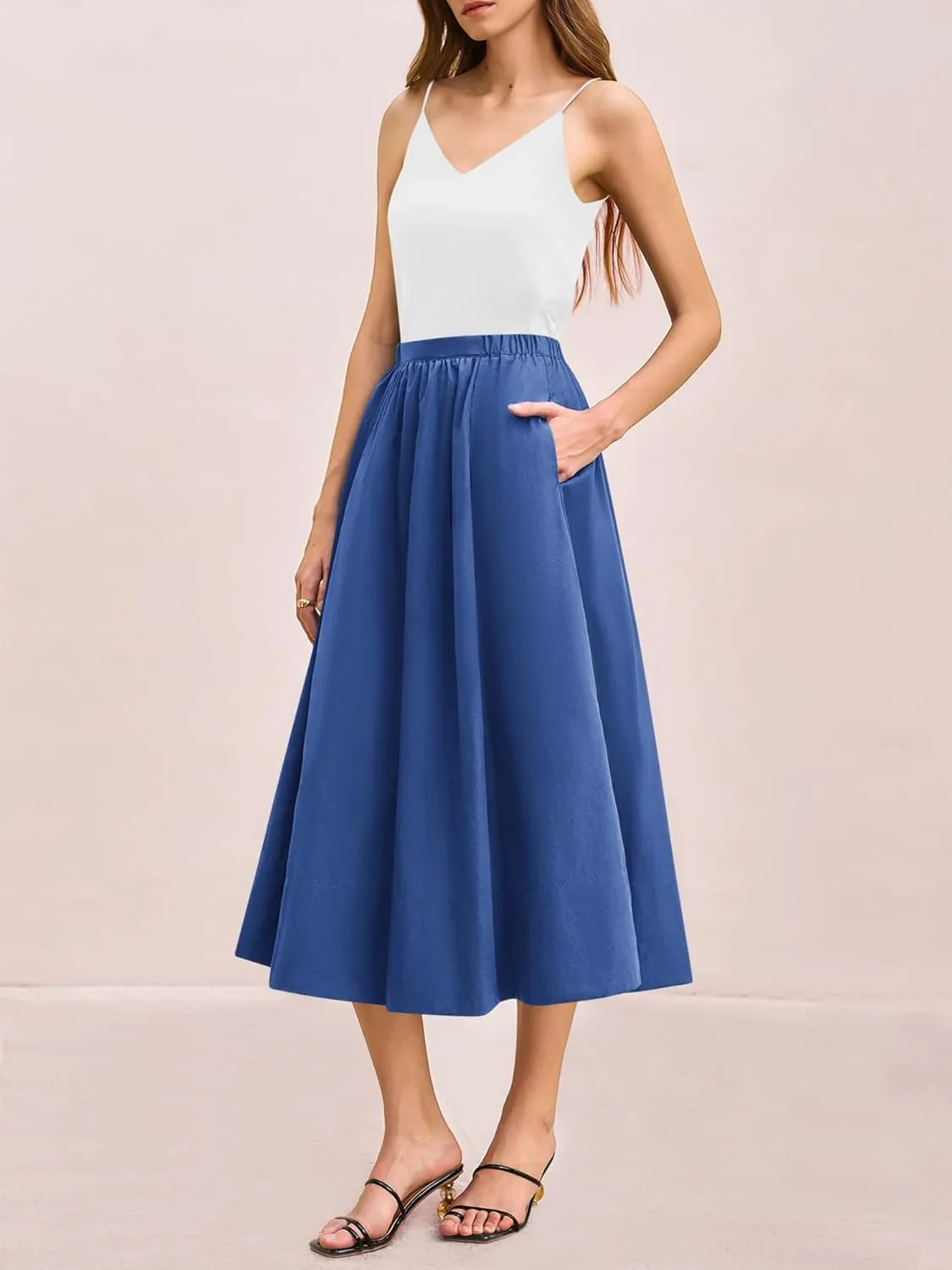Yousify Womens A-Line Midi Skirts Casual Elastic High Waist Flowy Swing Pleated Beach Boho Long Skirt with Pocket