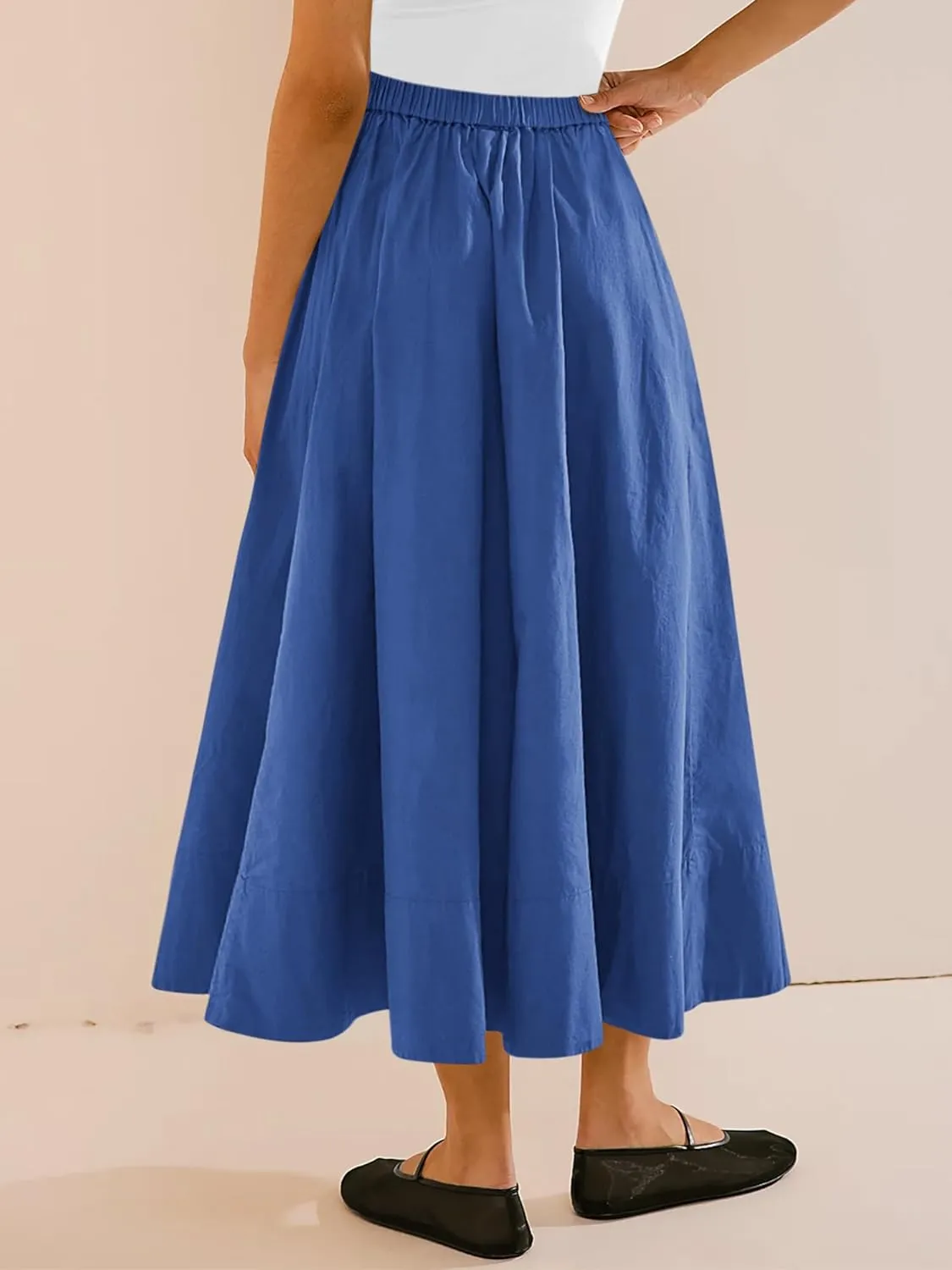 Yousify Womens A-Line Midi Skirts Casual Elastic High Waist Flowy Swing Pleated Beach Boho Long Skirt with Pocket