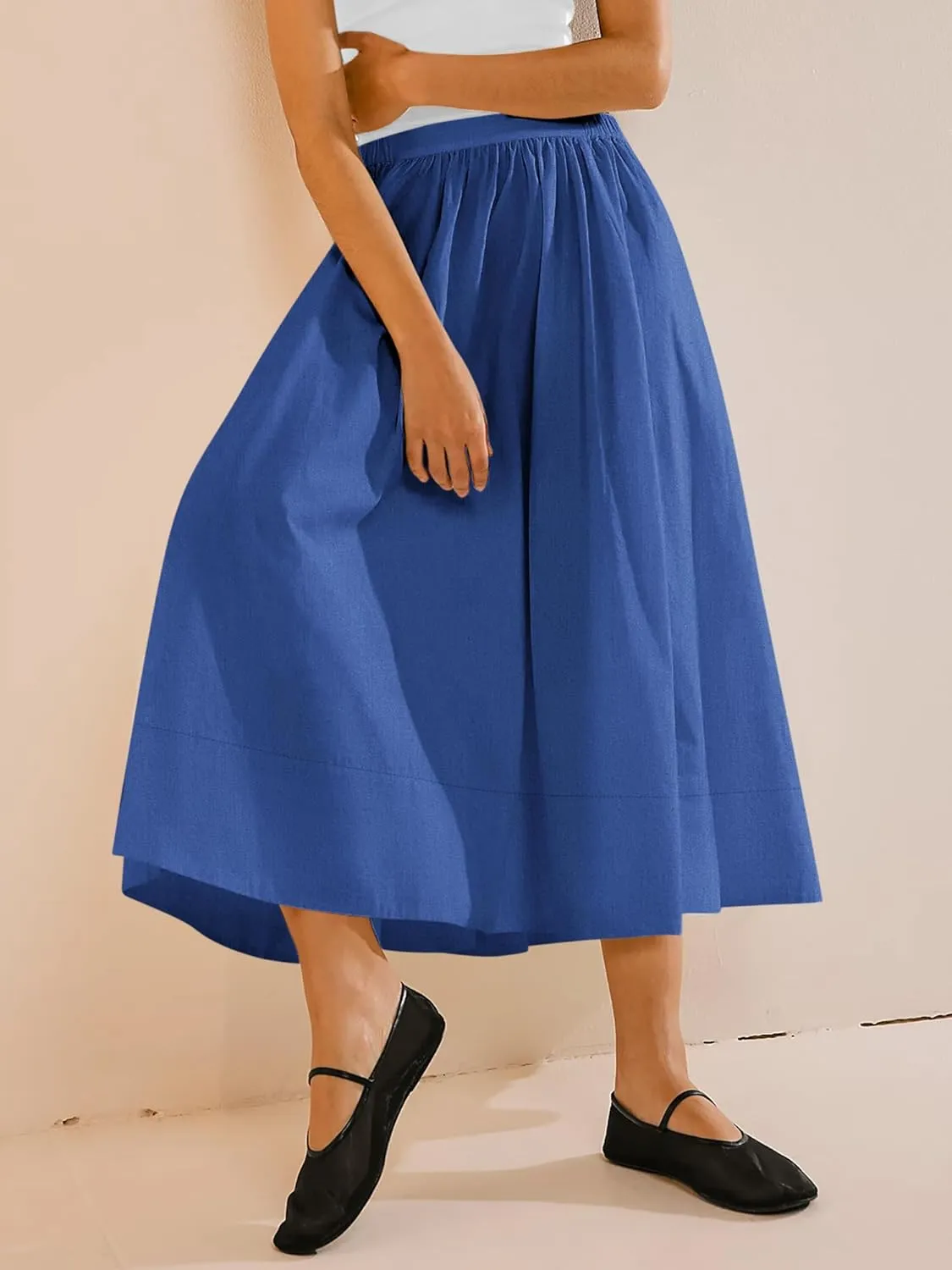 Yousify Womens A-Line Midi Skirts Casual Elastic High Waist Flowy Swing Pleated Beach Boho Long Skirt with Pocket