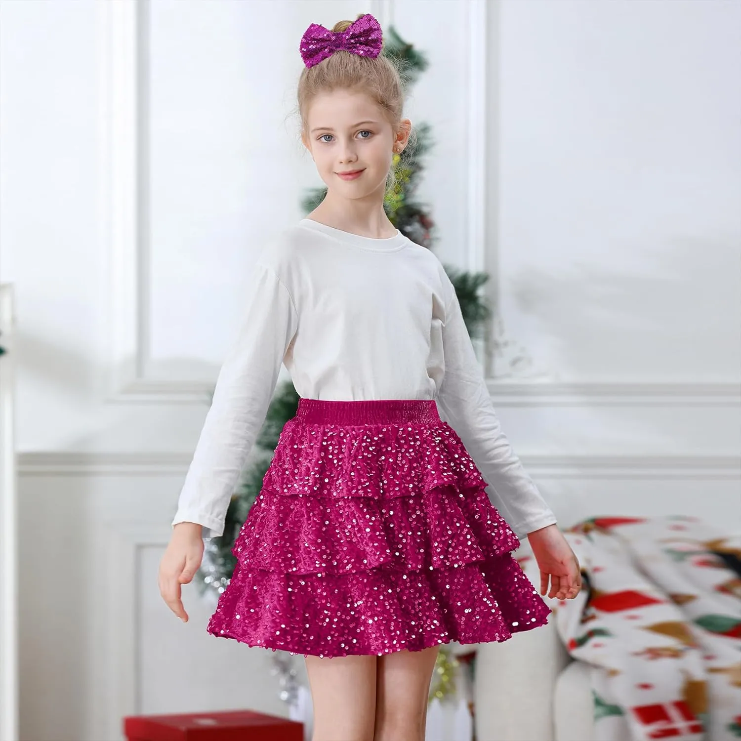 Zando Girls Sequin Skirt Kids Sparkly Skirt Girls Metallic Skirt Girls Tinsel Skirt Girls Tulle Skirt with Bow Hair Clip