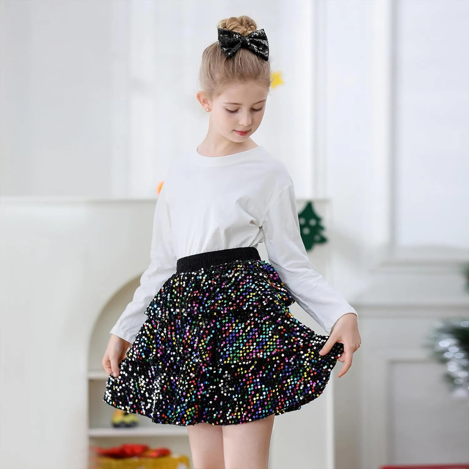 Zando Girls Sequin Skirt Kids Sparkly Skirt Girls Metallic Skirt Girls Tinsel Skirt Girls Tulle Skirt with Bow Hair Clip