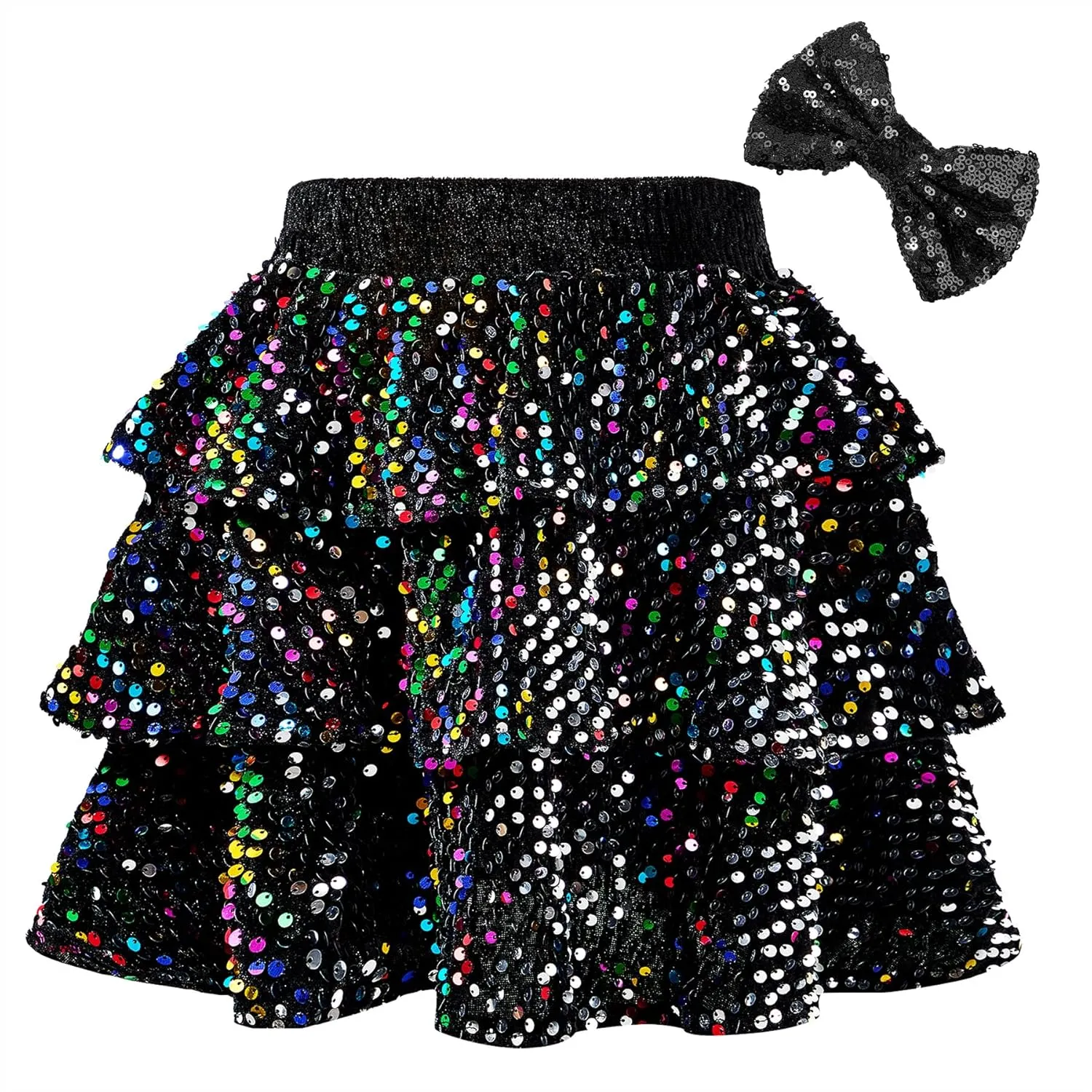 Zando Girls Sequin Skirt Kids Sparkly Skirt Girls Metallic Skirt Girls Tinsel Skirt Girls Tulle Skirt with Bow Hair Clip