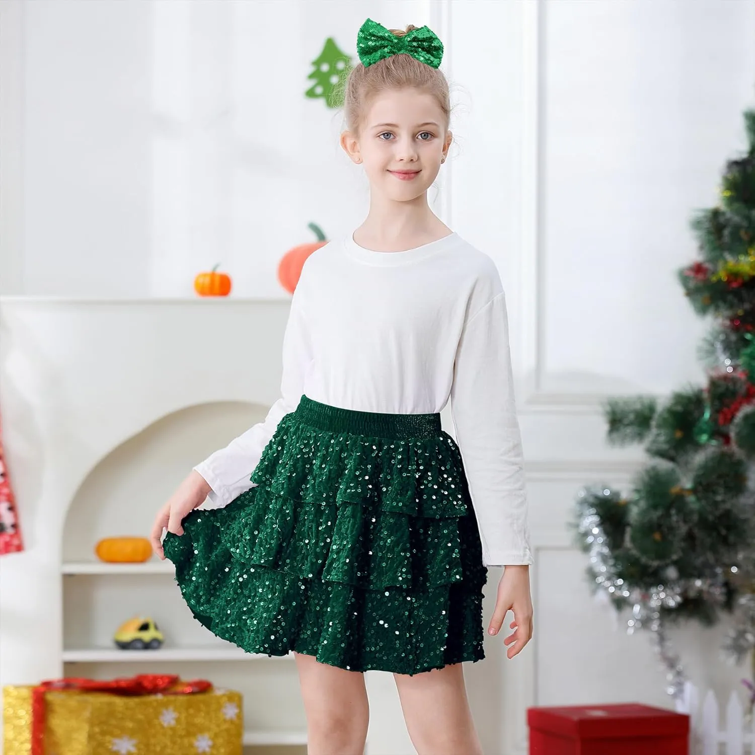 Zando Girls Sequin Skirt Kids Sparkly Skirt Girls Metallic Skirt Girls Tinsel Skirt Girls Tulle Skirt with Bow Hair Clip