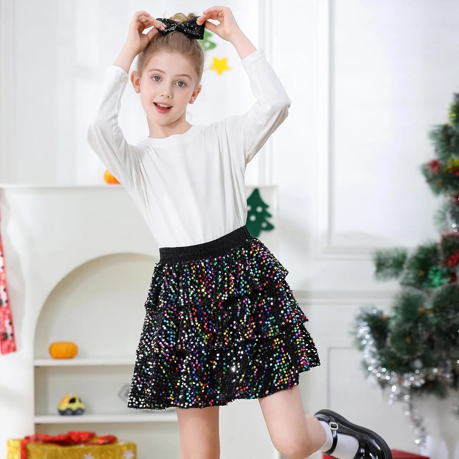 Zando Girls Sequin Skirt Kids Sparkly Skirt Girls Metallic Skirt Girls Tinsel Skirt Girls Tulle Skirt with Bow Hair Clip