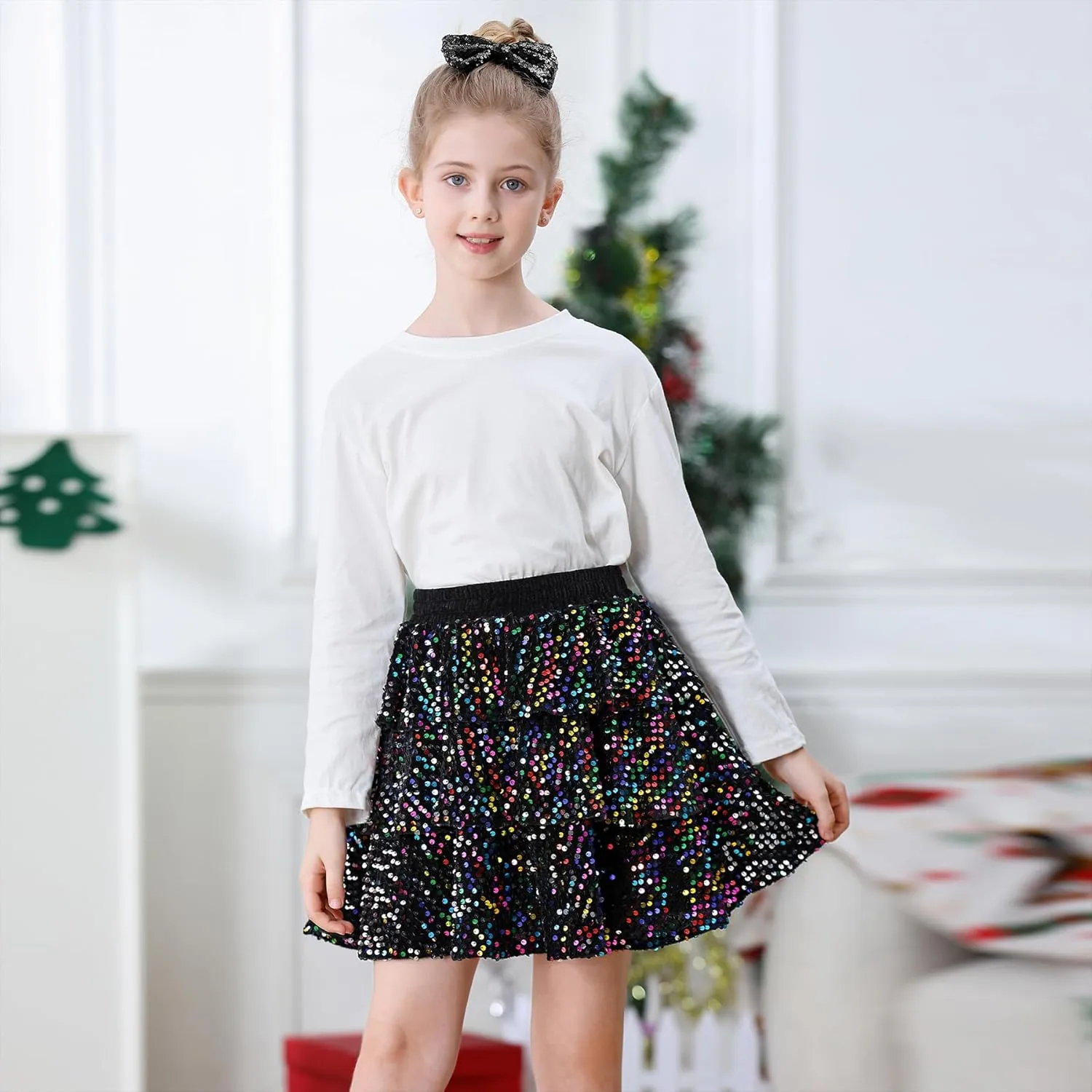Zando Girls Sequin Skirt Kids Sparkly Skirt Girls Metallic Skirt Girls Tinsel Skirt Girls Tulle Skirt with Bow Hair Clip