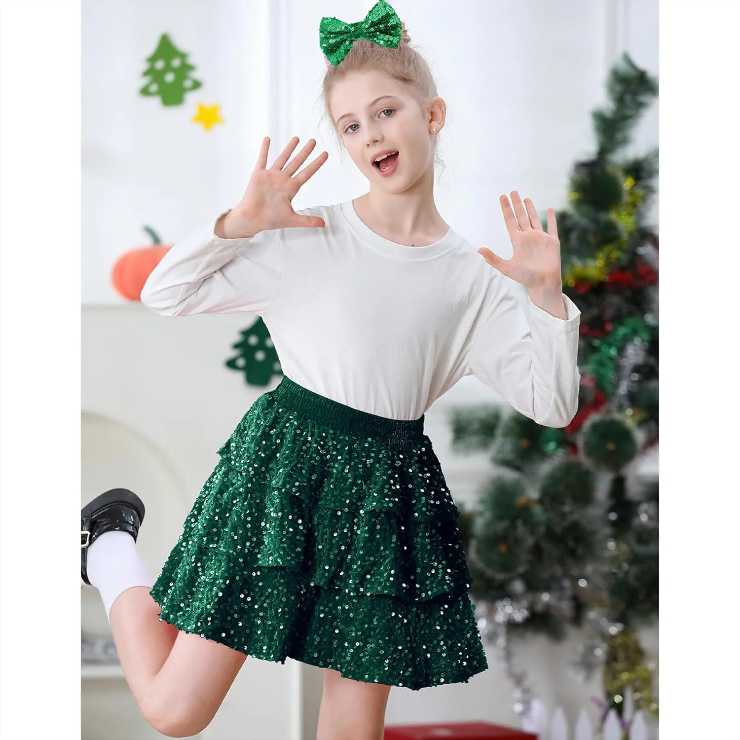 Zando Girls Sequin Skirt Kids Sparkly Skirt Girls Metallic Skirt Girls Tinsel Skirt Girls Tulle Skirt with Bow Hair Clip