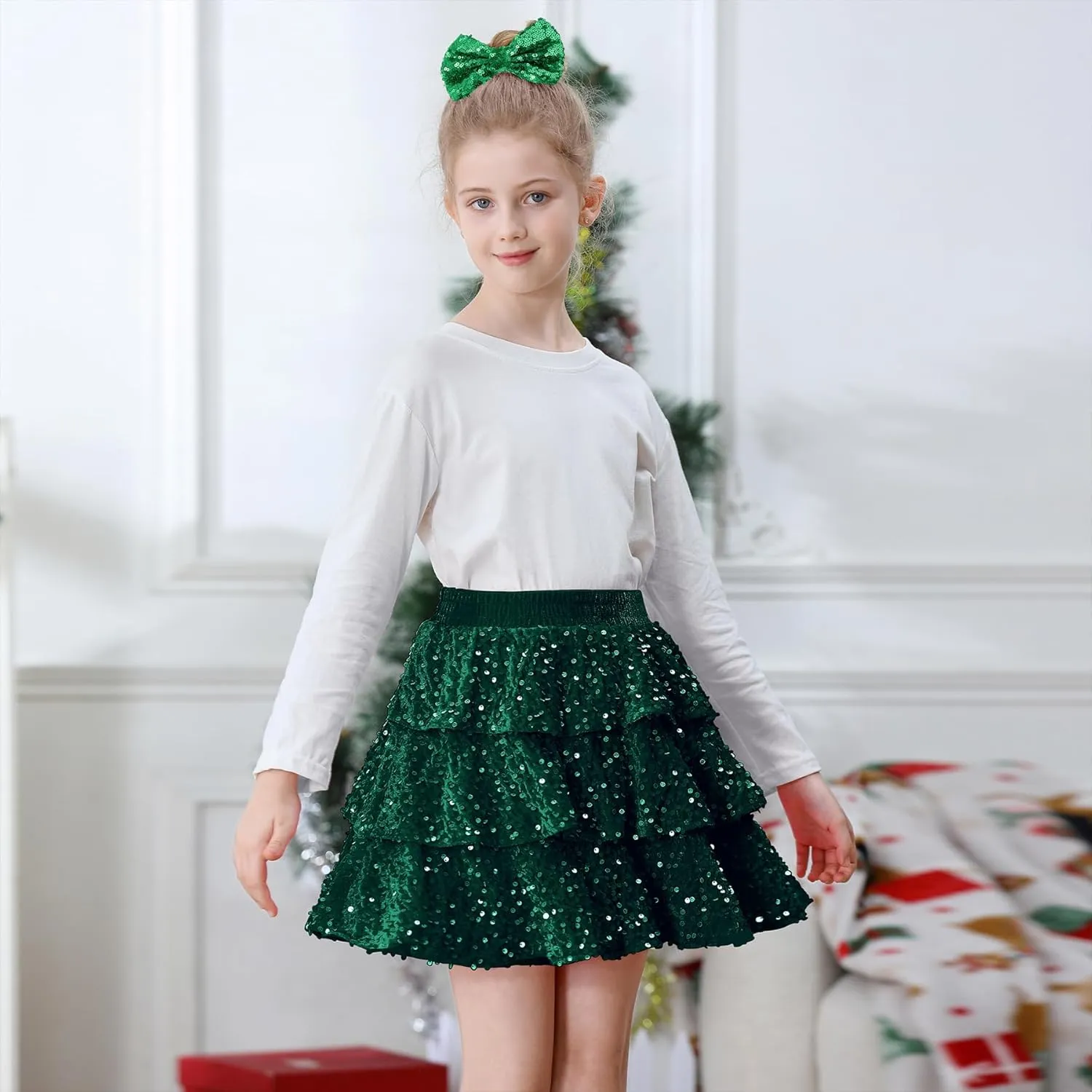 Zando Girls Sequin Skirt Kids Sparkly Skirt Girls Metallic Skirt Girls Tinsel Skirt Girls Tulle Skirt with Bow Hair Clip