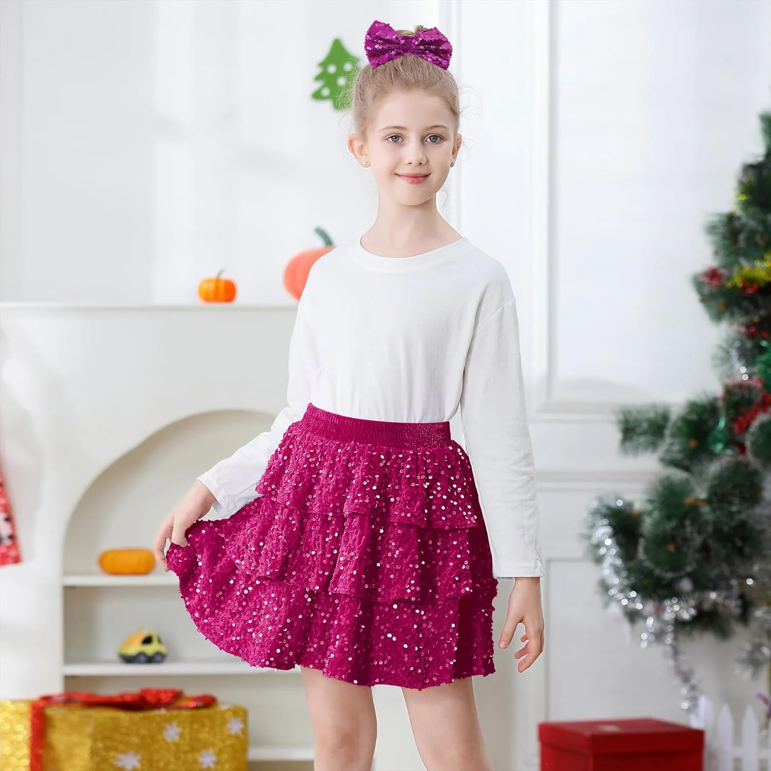 Zando Girls Sequin Skirt Kids Sparkly Skirt Girls Metallic Skirt Girls Tinsel Skirt Girls Tulle Skirt with Bow Hair Clip